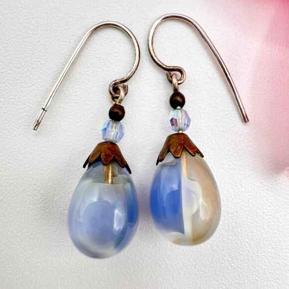 Vintage Blue Givre Glass Dew Drop Earrings Sawtooth Cap Fairycore Ethereal Fairy - Picture 1 of 9